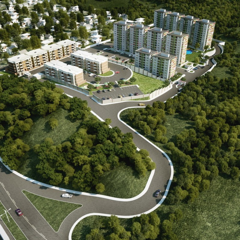 Vista aérea del conjunto Ecovivienda y su entorno