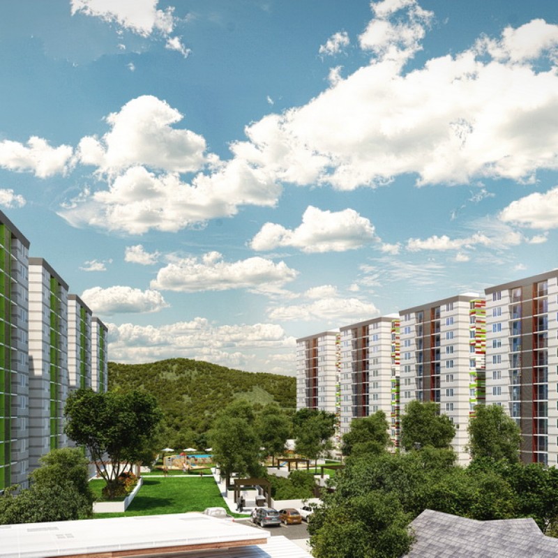 Torres de Ecovivienda Etapa II entre áreas verdes